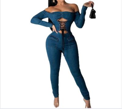 China sexy & Women's Club Straps Collarless Denim Jumpsuit One Piece Overalls for sale