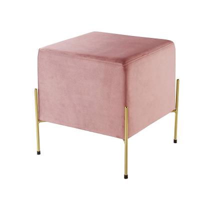 China Velvet Pink Upholstered Velvet Ottoman with Gold Legs Living Room Stool Pink Velvet Square Pouf Ottoman Stool for sale