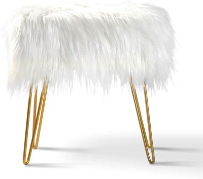 China Decorative Velvet Upholstered Footstool with Hair White Pine Metal Legs Faux Fur Vanity Stool Ottoman Furry Padded Ottoman Seat for sale