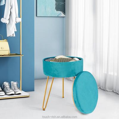 China Adjustable (Height) Velvet Dressing Storage Stools With Gold Metal Legs 14.2 Inch Green Velvet Round Ottoman Foot Stool Stool for sale