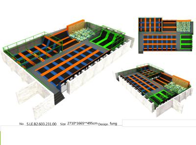 China 430M2 Long Square Shape Orange & Green Style Trampoline Park Event Equipment for sale