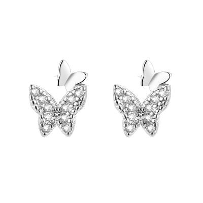 China TRENDY two butterfly silver plated ear stud sweet luxurious and simple diamond earrings for women for sale