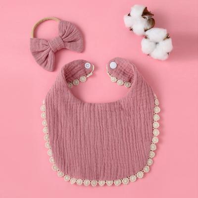 China Hot Selling Washable 100% Cotton Soft Saliva Towel Baby Bib With Headband Two Piece Set for sale