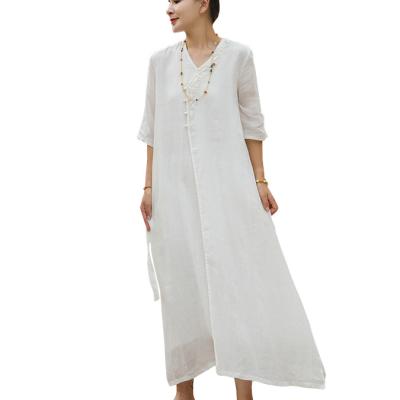 China 2021 Summer Breathable V-neck Women's Dress Ramie White Dress Embroidered Medium Sleeve Fairy Slim Dress for sale