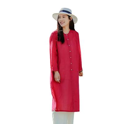 China New Soft Ramie Summer Travel Cotton Women's Anti-Shrink Ramie Breathable Cardigan Dress Sunscreen Shirt for sale