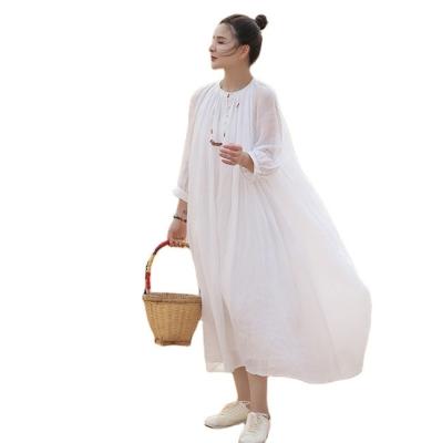 China Summer Ramie Double Layer Breathable Refined Thin Cotton Striping White Round Collar Sleeve Travel Wind Cotton Dress for sale