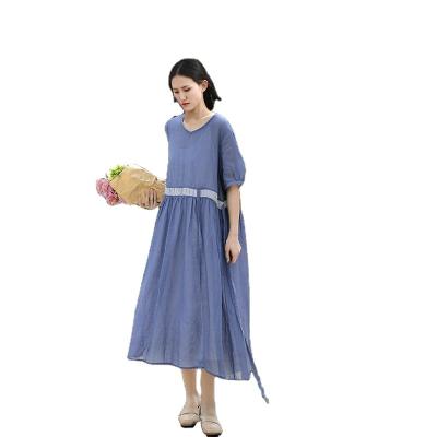 China Women's boutique canvas dress summer ramie dress contrast color size large swing breathable blue cotton long belt for sale