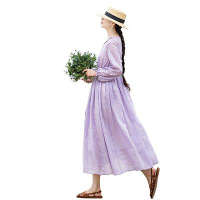 China Boutique Anti-Static Women's Summer Ramie Dress With Plus Size And Long Purple Hand Embroidered Cotton Dress for sale