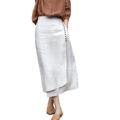 China Anti-static 2021 new summer natural hemp multi-button design natural asymmetric full linen full skirt edge decorative skirt for sale