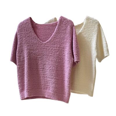 China New Anti-wrinkle AOPU Spring Soft V-Neckline Knit Fleece Loose Skin Friendly Upper Women Small Short Sleeve for sale