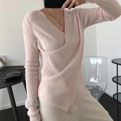 China New Autumn Temperament Anti-wrinkle V-neck Mohair Cross Two-piece Sweater Thin Soft Woolen Cardigan Woman for sale