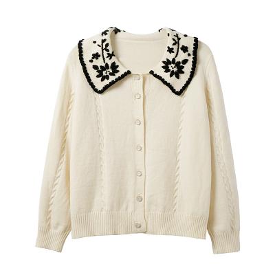 China Anti-wrinkle embroidery sweater doll collar woman 2022 spring embroidery floral soft loose knit cardigan for sale