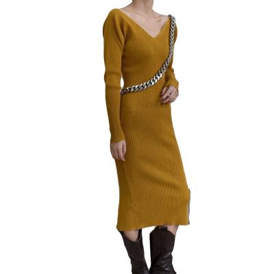 China New Style Sexy Anti-Static Spring V-neck Knitted Long Dress Summer Vintage Girls Cheap Knitted Women Custom Made Dress for sale