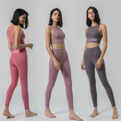 China Breathable Women Workout Pants Fitness Gym Wear Clothes Set High V Waisted Bare Feel With Pockets Yoga Gaiters for sale