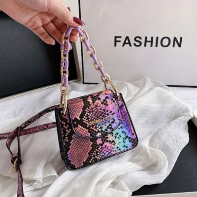 China Fashion Lady Snakeskin Purse Cross - Luxury Chains Mini Purse Serpentine Laser Handbag Designer Acrylic Women Body Bag for sale