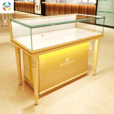 China Custom Brand Luxury Tempered Glass Store Display Factory Cabinet Aluminum Jewelry Counter Showcase With LED Lighting for sale