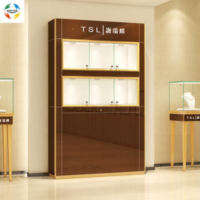 China Fashion Gold Design Aluminum Foil Design High Glass Clear View Sliding Door Showcase Jewelry Cabinet Display Many Colors for sale