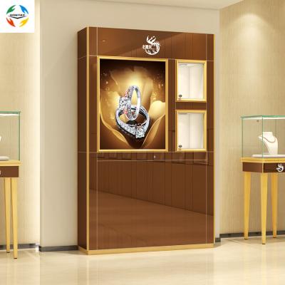 China Nice Quality Boat Lockable Metal Shop Storage Handmade Fully Assembled Wooden Glass Display Shelf With Printed Picture for sale