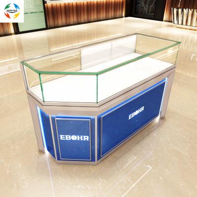 China Fashion Design Display Cabinet Blue Color Tempered Glass Interior Design Display Cabinet LED Lighting Corner Counter For Store Kiosk for sale