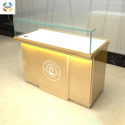 China Aluminum+Tempered Glass+UV Base Plate Cashier Counter Table Cashier Desk / Luxury Checkout Counter for sale