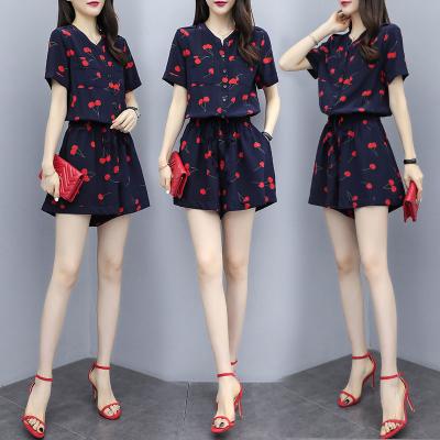 China Floral QUICK-DRY QUICK-DRY Chiffon Shorts Suit 2021 New Summer Fashion Temperament Females Was Waist Slim High Wide Leg Two-piece Suit for sale