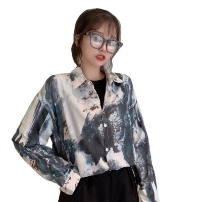 China New retro Hong Kong style spring design spring design slot flower shirt long sleeve shirt QUICK DRY female QUICK DRY printing mid length for sale