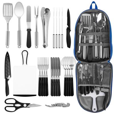 China Portable BBQ Camping Kitchen Utensil Set, 27-Piece Stainless Steel Cooking Organizer and Outdoor Grilling Travel Utensil Set for sale