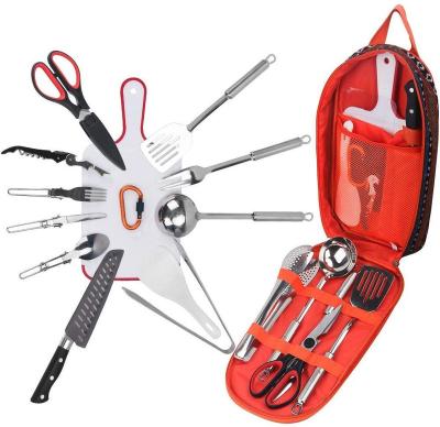 China Sustainable Backpacking Camping Organizer Travel Mess Cookware 14pcs Kitchen Utensil BBQ Kit for sale