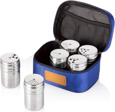 China 6pcs BBQ Stainless Steel Camping Spice Shaker Seasoning Dispenser with Lids and Travel Bag Rotating Salt and Pepper Shakers for sale