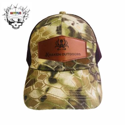 China COMMON Camouflage Cotton Fabric Dad Hat Half Mesh Baseball Cap With Heat Press Embossed PU Leather Patch For Hunting for sale