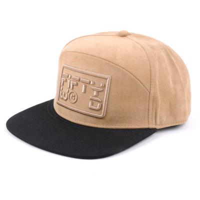 China JOINT 3d Embroidery 5 Panel Suede Snapback Hat With Flat Cotton Bill for sale