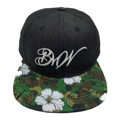 China Nice fabric: combed cotton customize flower camouflage sublimation printing flat snapback hat men denim embroidery baseball caps for sale