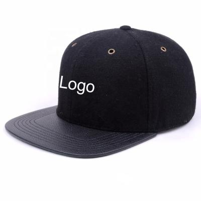 China Brand Black Melton Wool Snapback Cap JOINT Hat With Suede Leather Brim And Metal Eyelets for sale