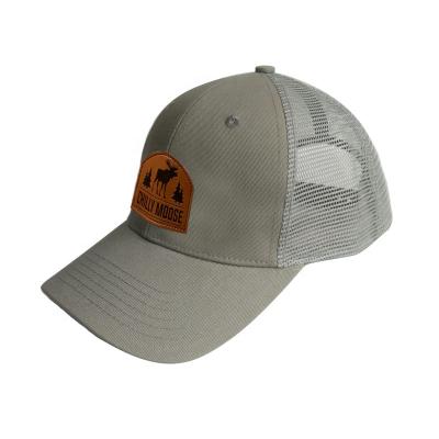 China COMMON Fashion Mesh Back Gray Trucker Cap Outdoor Cool Hat With Leather Patch for sale