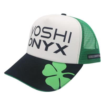 China JOINT Screen Print Four Leaf Clover Sandwich Bill 5 Panel Mesh Baseball Cap for sale