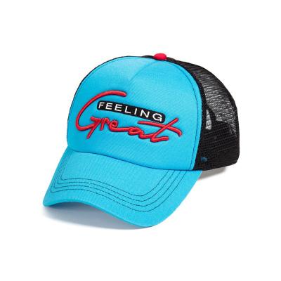 China Blue Custom 5 JOINT Panel Cotton Foam Trucker Hat With 3d Embroidery for sale