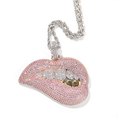 China Toothy Pink Lips Hiphop Necklace HipHop Full Psychedelic Iced Out CZ Zircon Stone for sale