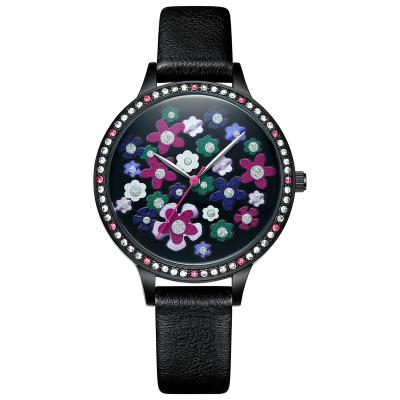 China Simple Round Indicator Dial Watch Women Ladies Fashion Flower Pattern Black Quartz Alloy Watches for sale