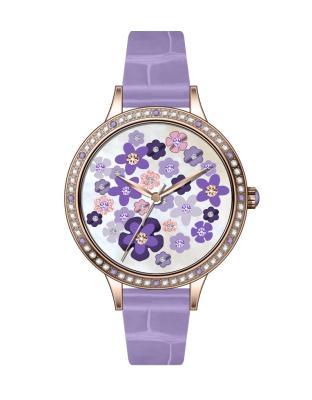 China Non-specific tending popular women's casual watch leather strap and flower dial elegant purple thin ladies watch for sale