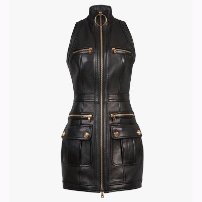 China 2022 Fashion Ladies Pocket High Quality Short Stand Collar Leather Sleeveless Anti-wrinkle Spring Vest Dress for sale