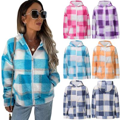 China 2021 New Arrival Breathable Women Clothes Loose Plush Winter Coat Hoodie Multicolor Zipper Jacket Warm Plaid Tops for sale