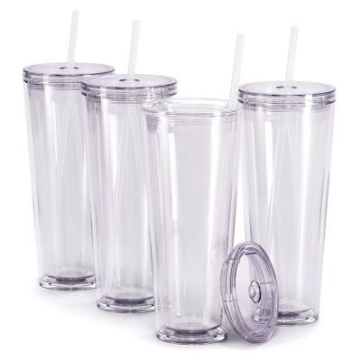 China 16 oz 24 oz acrylic snowglobe cup double wall viable pre drilled clear plastic tumbler with straw for sale