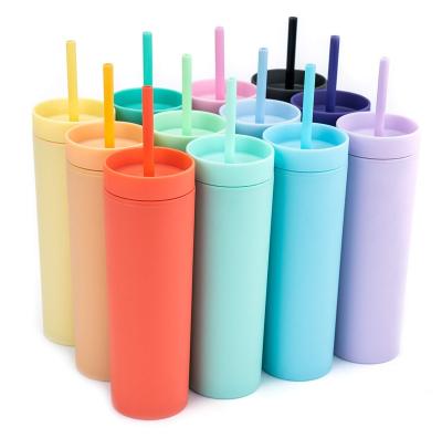 China 2022 Viable Hot Sale 16oz Matte Pastel Colored Acrylic Double Wall Lean Tumbler With Lid And Straw for sale