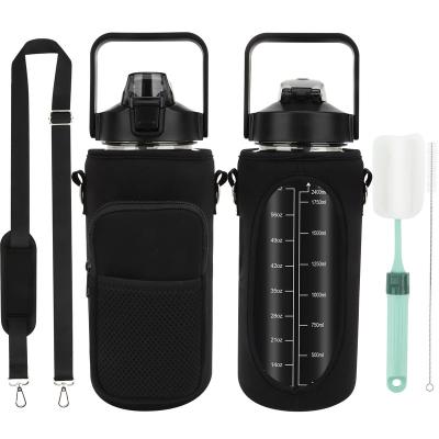 China Sustainable Bpa Free 64 oz Half Gallon Motivational Water Bottle With Black Sleeve And Carry Strap for sale