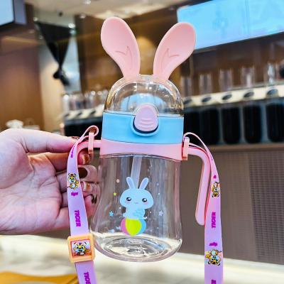 China 350ml 450ml BPA Viable Manufactured Wholesale Free Rabbit Ears Cute Kids Water Bottle With Straw And Strap for sale