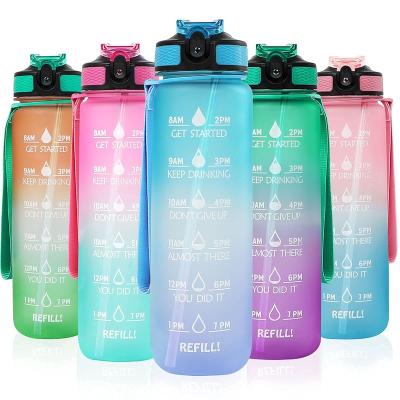 China Sustainable Customize 32 Ounce Tritan Frosted 1000ml Gradient Motivational Water Bottle With Straw And Weather Maker for sale