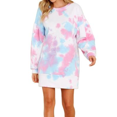 China Anti-Wrinkle Factory Customized Casual Women Drop Shoulder Oversized Crewneck Sweater Tie Dye Sweatshirt Dress for sale