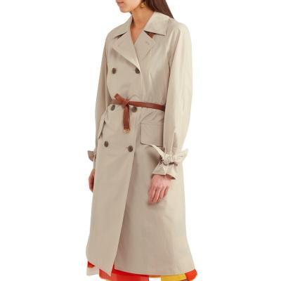 China OEM Service Anti-Shrink Womens Belted Leather-Trimmed Poplin Trench Coat for sale