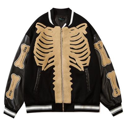 China Breathable Hairy Furry Skeleton Bomber Jacket Hip Hop Streetwear Mens Patchwork Color Block Baseball Jackets Men Couple Harajuku Bomber Coats for sale