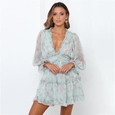 China Breathable 2020 New V-neck Bohemian Lantern Sleeved Ruffle Chiffon Dress for sale